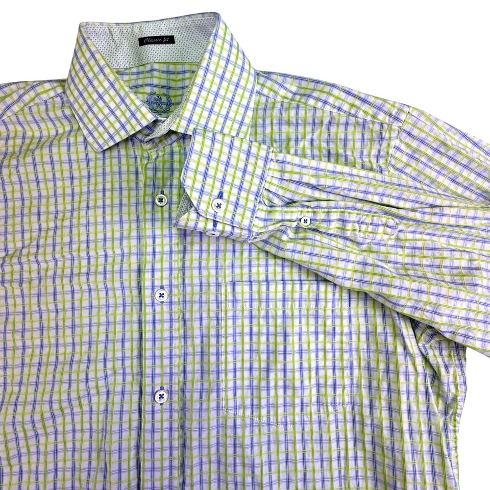 Bugatchi Uomo Button Down Shirt Men's XL Luxury Classic‎ Fit Green Blue Plaid